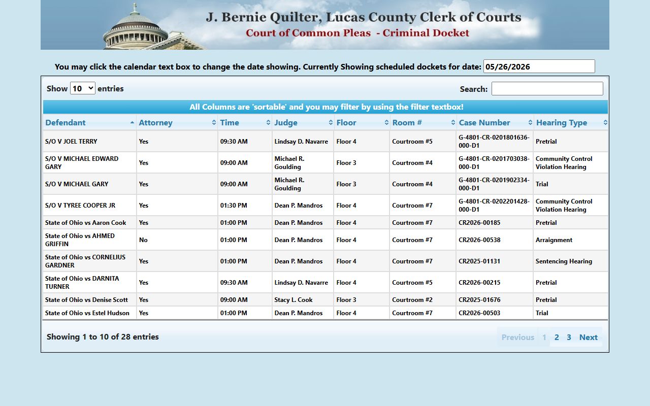 Lucas County Clerk of Courts interactive criminal docket calendar