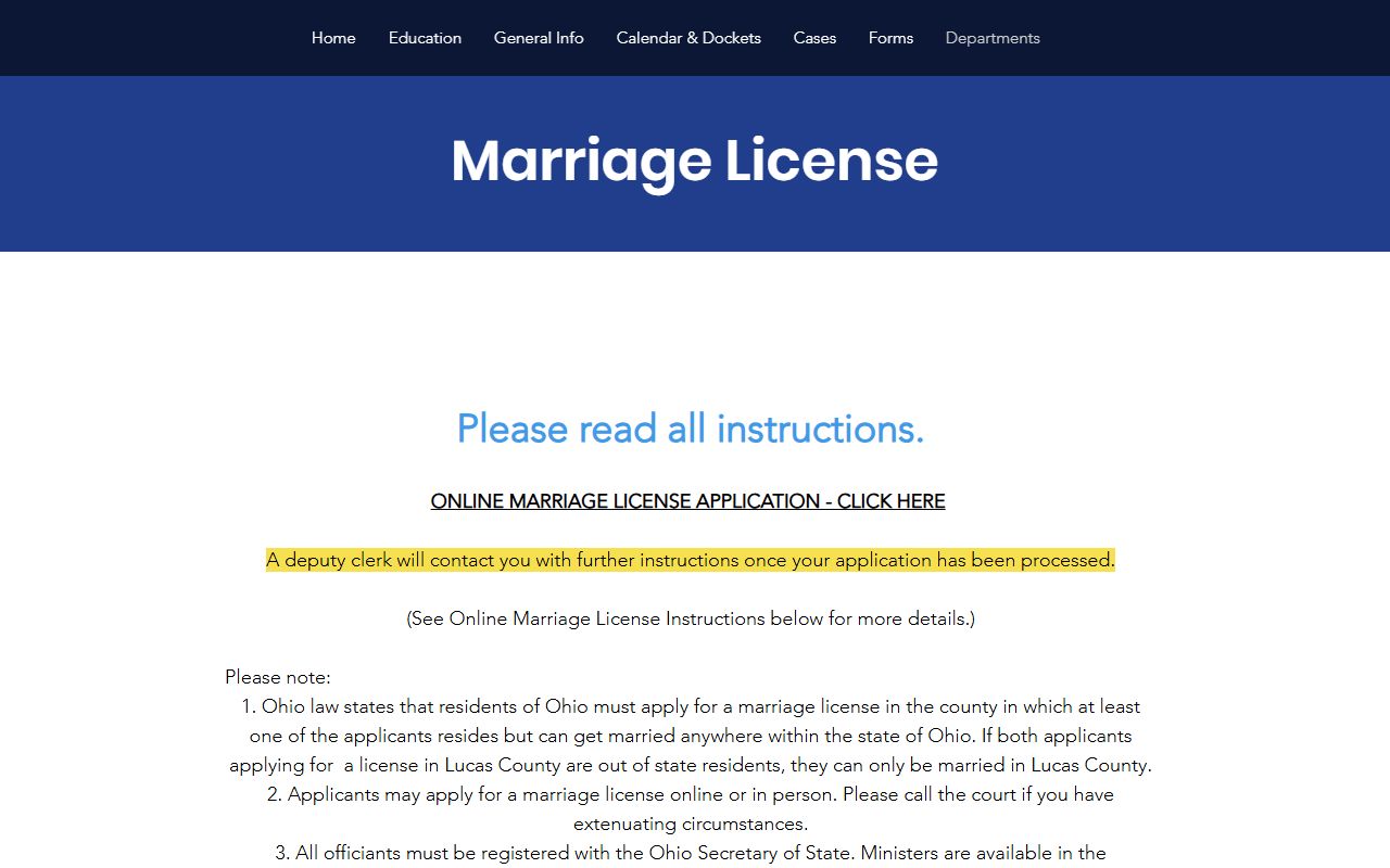 Lucas County Probate Court marriage license instructions and fee schedule page