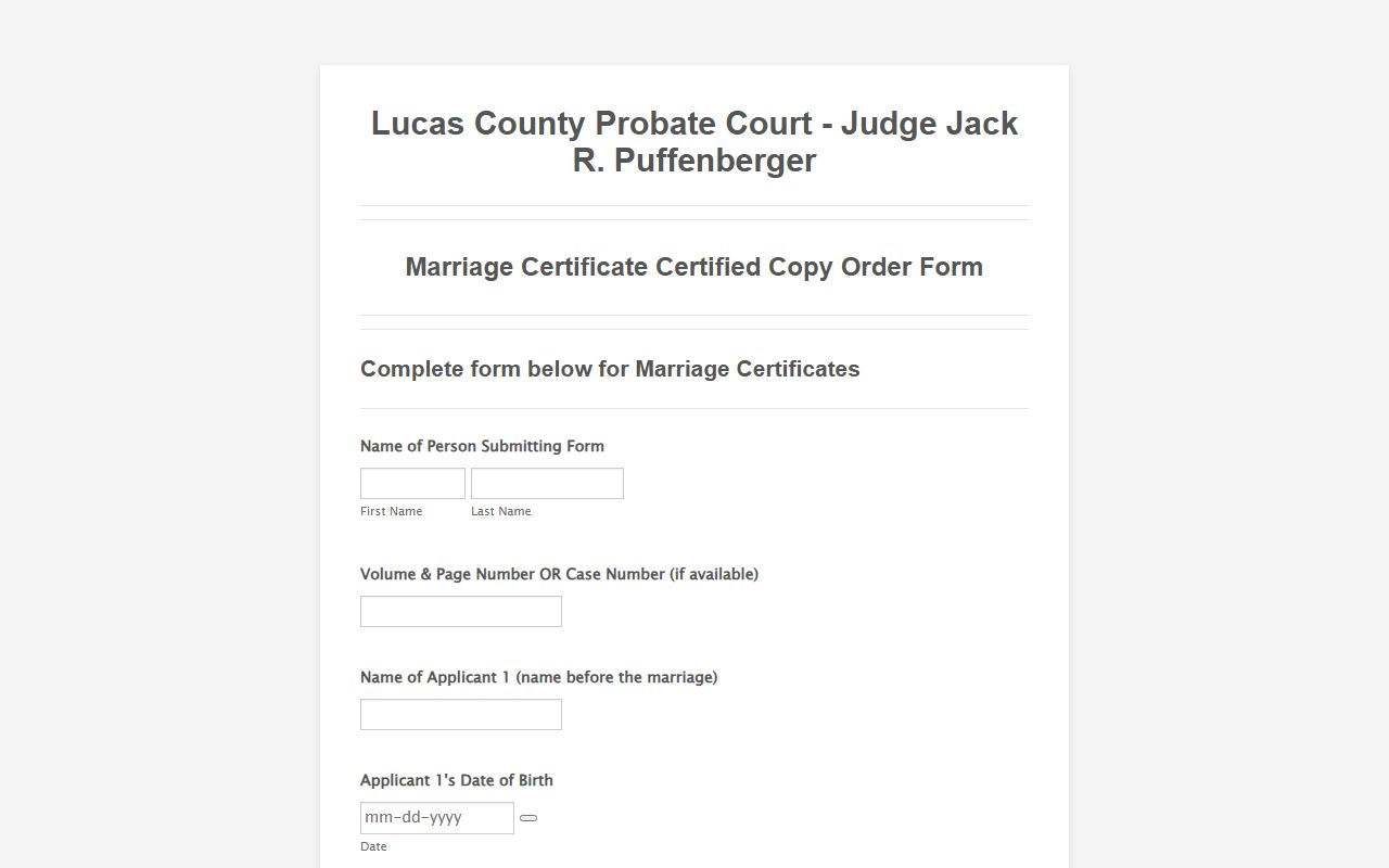 Lucas County court records certified marriage certificate copy order form