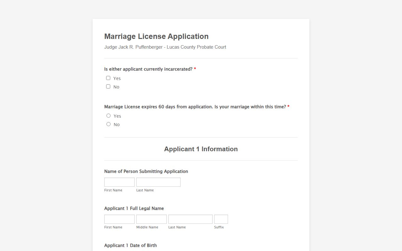 Lucas County court records online marriage license application form
