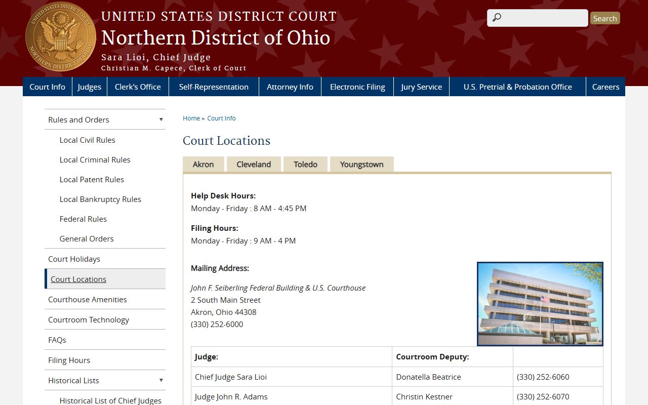 Lucas County federal courthouse Northern District of Ohio Toledo location