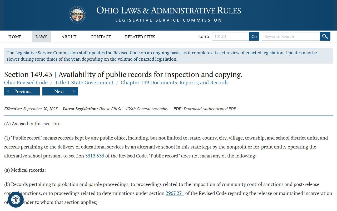 Lucas County inmate records Ohio Public Records Act ORC 149.43 statute page