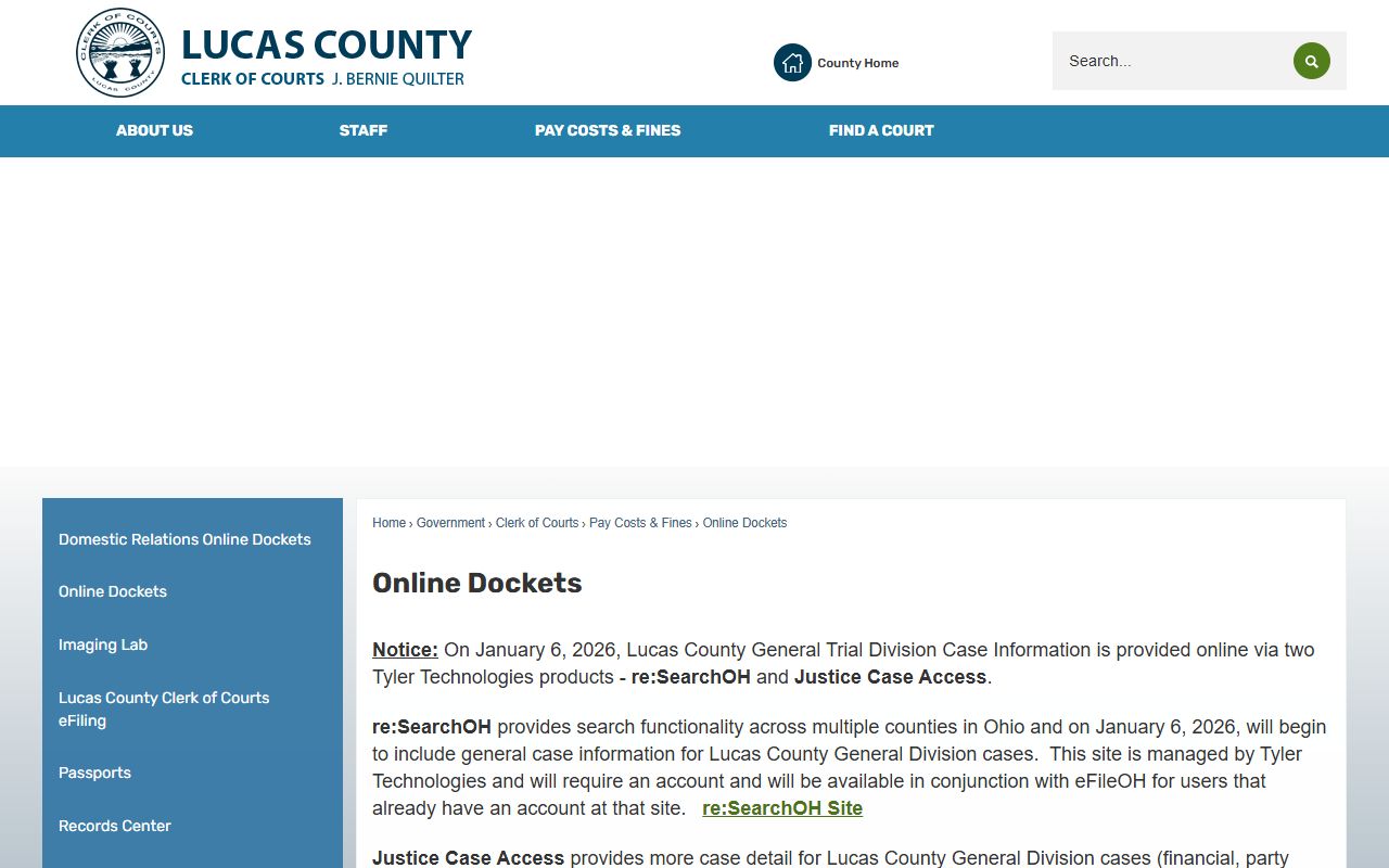 Lucas County Clerk online dockets portal links for court records
