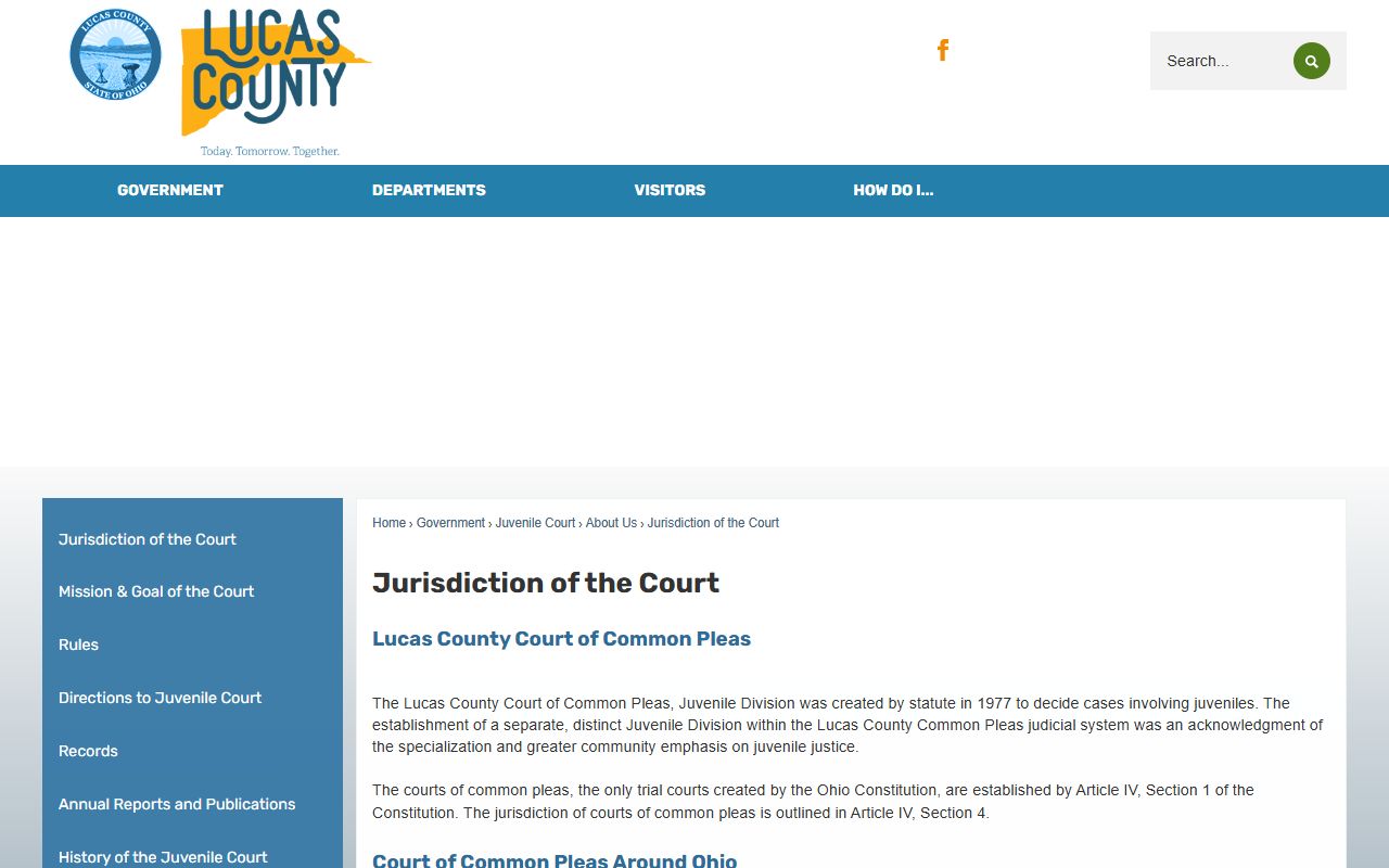 Lucas County Juvenile Court jurisdiction page describing court records and case types