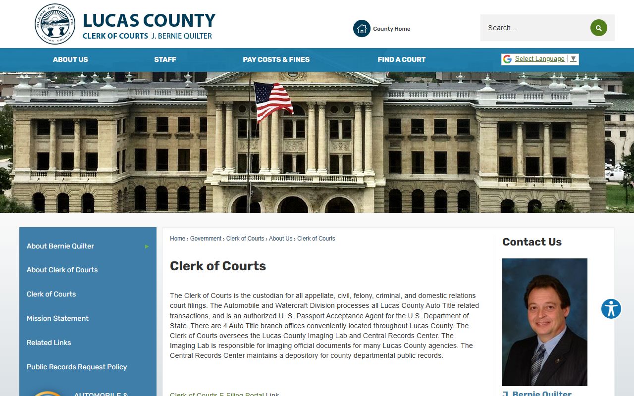 Lucas County Clerk of Courts page header and contact links for court records